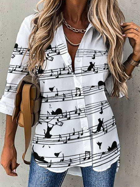 

Women's Funny Cat Shirt Collar Loose Simple Blouse, White, Blouses