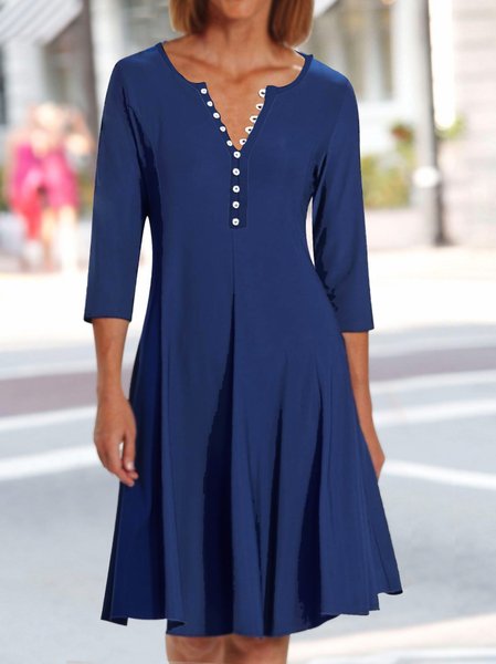 

Regular Fit Casual Plain V Neck Dress, Blue, Dresses