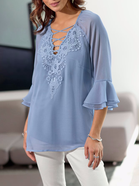 

Casual Loose Flare Sleeve Lace Plain Shirt, Blue, Shirts & Blouses