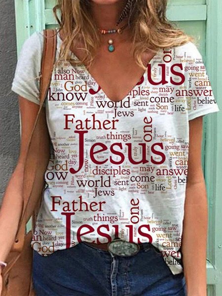 

Casual Loose V Neck Jesus T-Shirt, Red, T-Shirts
