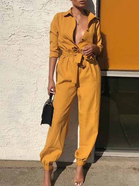 Plain Shirt Collar Regular Fit Urban Jumpsuit, Yellow, Jumpsuits