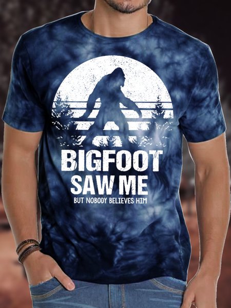 

Men's Bigfoot Saw Me But Nobody Believes Him Funny Graphic Tie-Dye Printing Loose Text Letters Casual Crew Neck T-Shirt, Dark blue, T-shirts