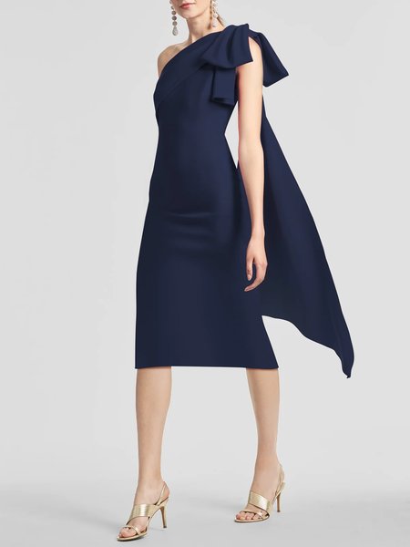 

Midi Plain One Shoulder Elegant Party Dress, Dark blue, Cocktail Dresses