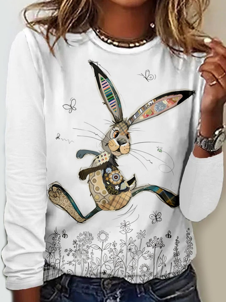 

Women's Crew Neck Simple Funny Rabbit Long Sleeve Shirt, White, Long sleeves