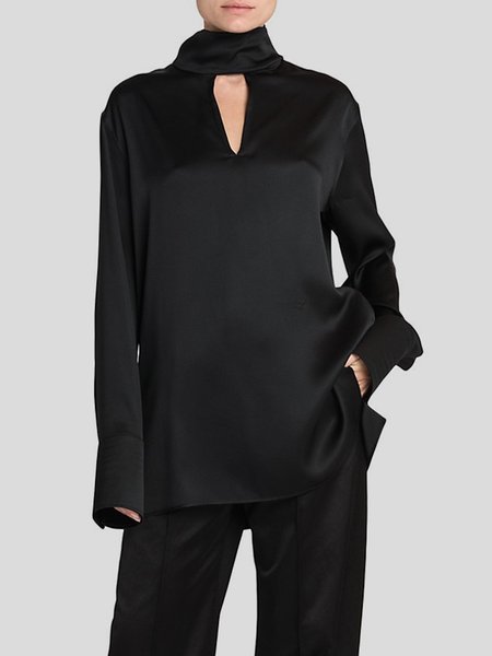 

Long sleeve Satin Turtleneck Elegant Regular Fit Shirt, Black, Blouses and Shirts