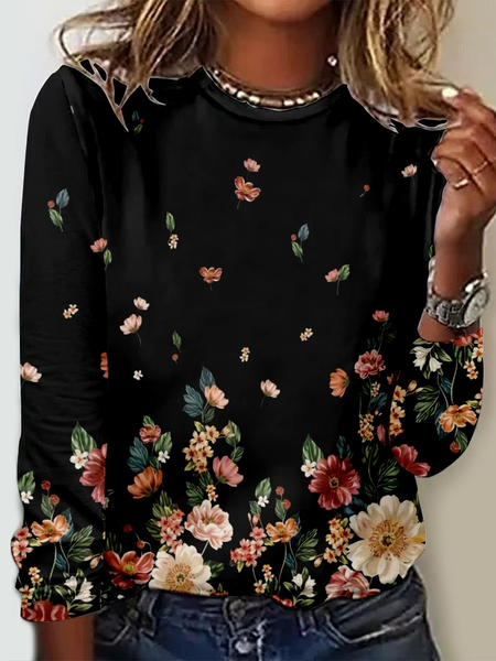 

Women's Art Print Regular Fit Crew Neck Casual Floral Shirt, As picture, Long sleeves