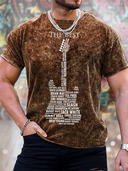 

Men's The Best Guitar Funny Love Music Funny Graphic Tie-Dye Printing Text Letters Casual Crew Neck Loose T-Shirt, Brown, T-shirts