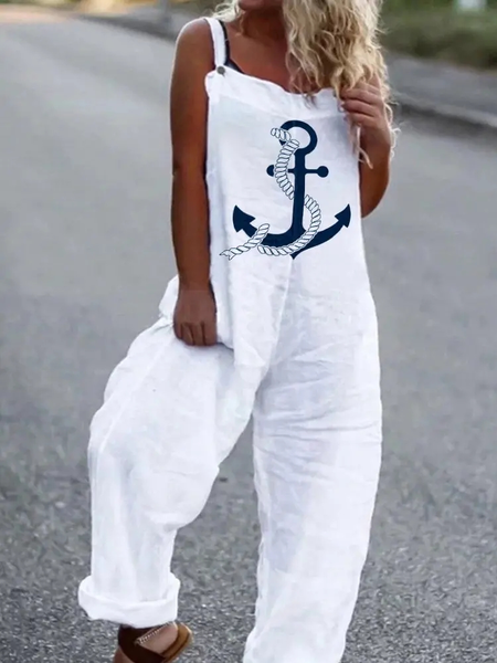 

Geometric Loose Casual Square Neck Bib Pants, White, Jumpsuits & Rompers