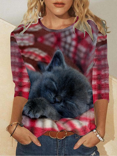 

Women's Art Print Crew Neck Casual Regular Fit Cat Shirt, As picture, Long sleeves