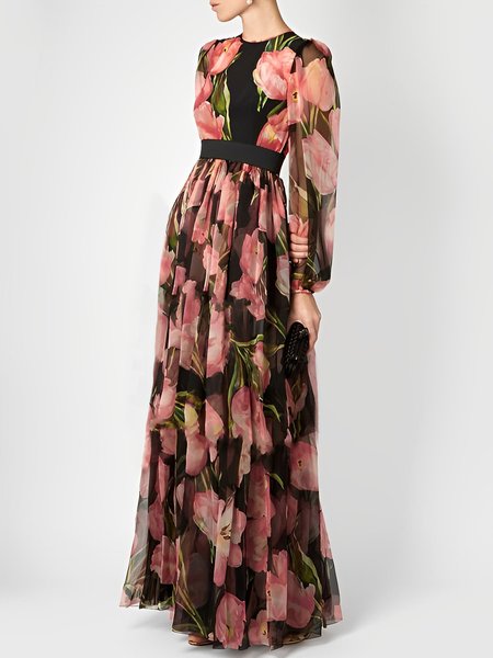 

Elegant Regular Fit Crew Neck Dress, As picture, Maxi Dresses