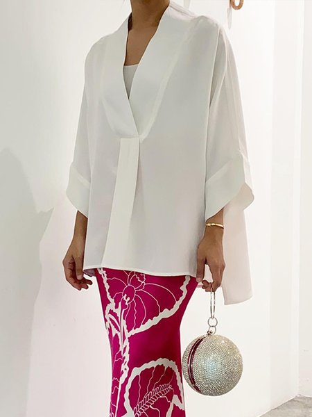

Simple Loose Plain V Neck Three Quarter Blouse, White, Blouses and Shirts