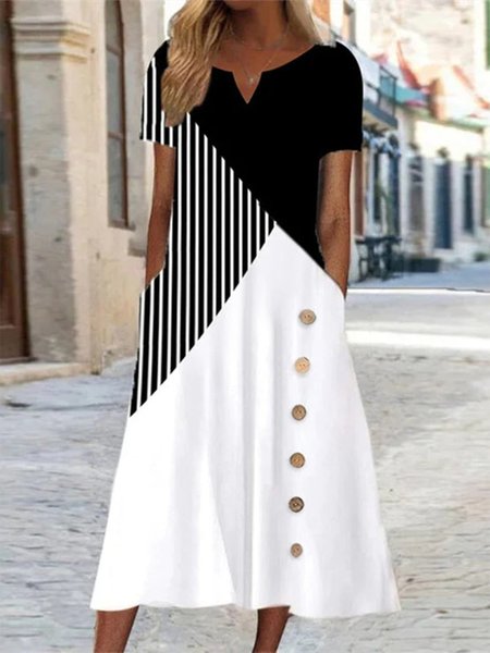 

Women_s V-Neck Short Sleeve Graphic Striped Color Block Dress, Multicolor, Dresses