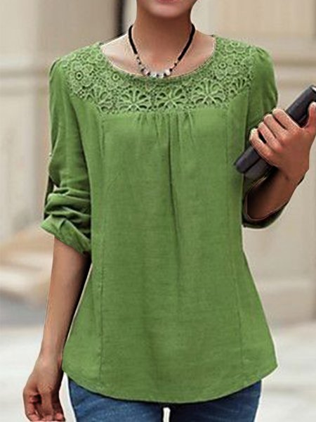 

Elegant Plain Crew Neck Lace Shirt, Green, Tunics