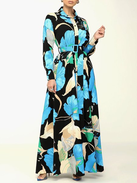

Floral Print Vacation Long Sleeve Shirt Collar Dress, Blue, Maxi Dresses