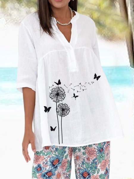 

V Neck Casual Regular Fit Dandelion Shirt, White, Shirts & Blouses