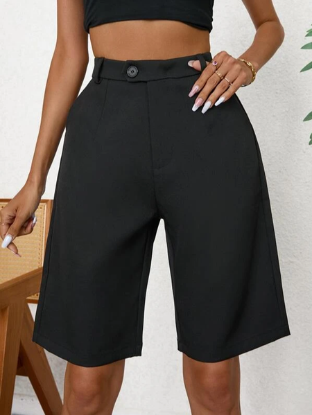 

Casual Loose Plain Pants, Black, Shorts