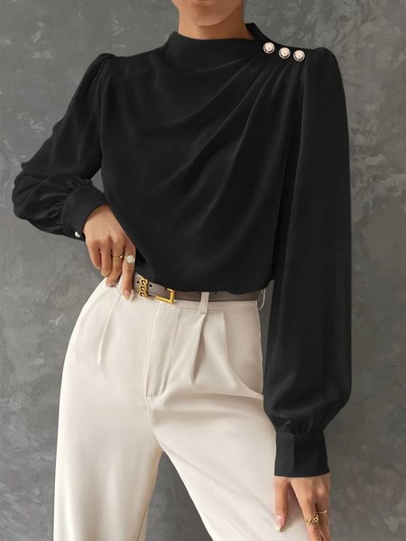 

Long sleeve Regular Fit Plain Stand Collar Elegant Blouse, Black, Blouses and Shirts