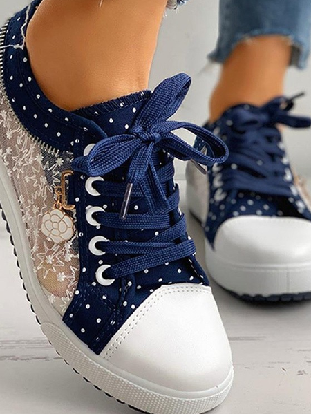 

Lace Floral Casual Lace-Up Canvas Shoes, Deep blue, Sneakers