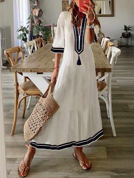

V Neck Casual Loose Striped Dress, Off white, Dresses