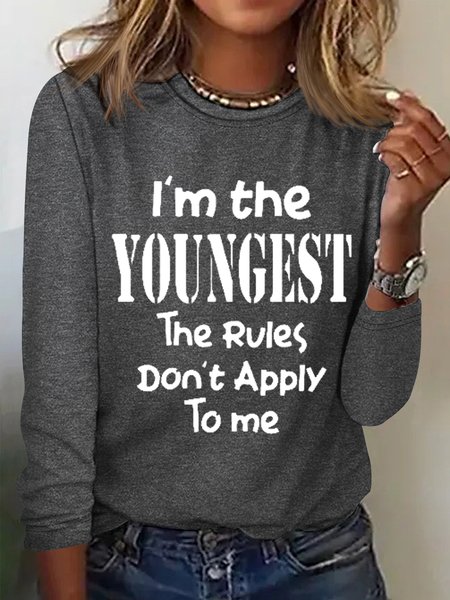 

Women's Funny Word I'm The Youngest Text Letters Cotton-Blend Simple Long Sleeve Top, Gray, Long sleeves