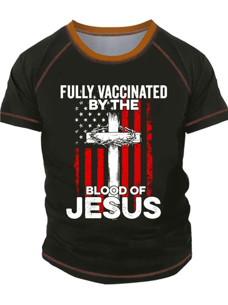 

Men’s Fully Vaccinated By The Blood Of Jesus Text Letters Regular Fit Casual T-Shirt, Green, T-shirts