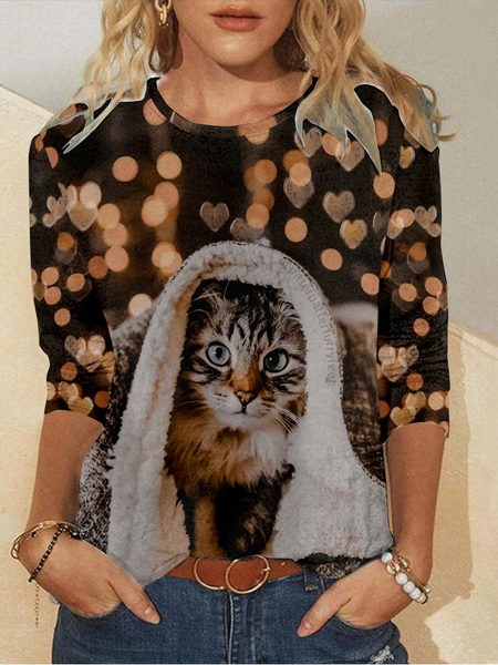 

Women's Art Print Cat Regular Fit Casual Crew Neck Shirt, As picture, Long sleeves