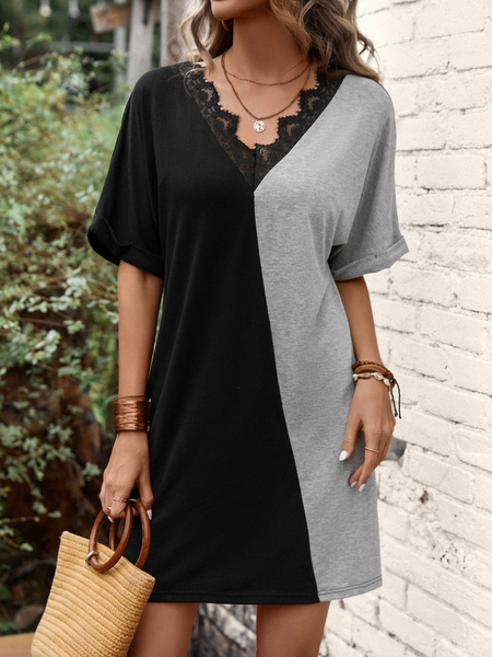 

Casual Loose V Neck Plain Lace Dress, Black-grey, Dresses