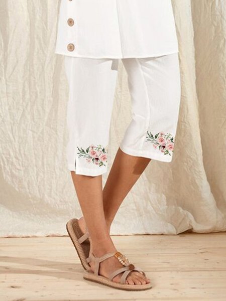 

Regular Fit Casual Floral Pants, White, Pants