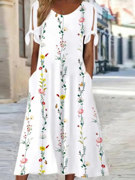 

Regular Fit Crew Neck Floral Casual Dress, White, Midi Dresses