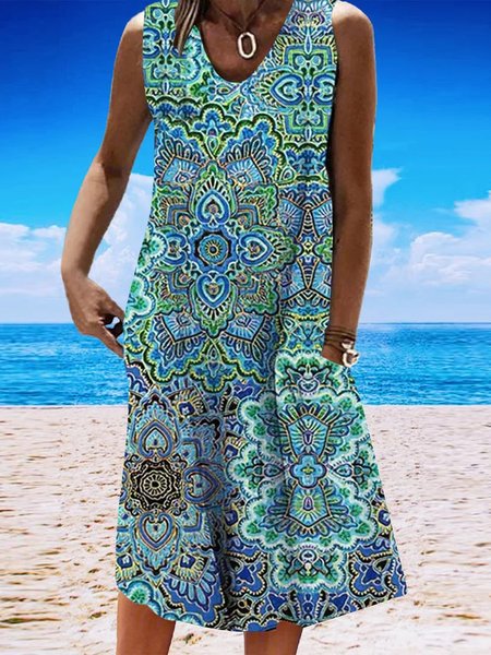 

V Neck Geometric Boho Regular Fit Dress, Cyan, Dresses