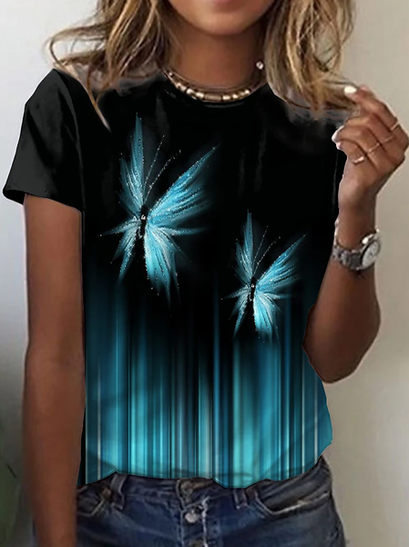 

Cotton-Blend Crew Neck Butterfly Casual T-Shirt, Blue, T-Shirts