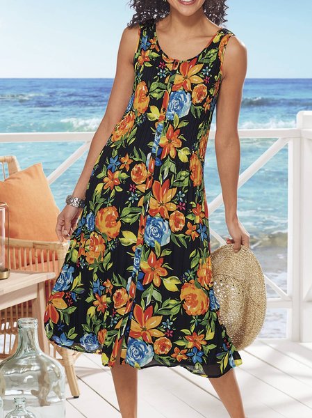 

Boho Floral Crew Neck Regular Fit Dress, Black, Dresses