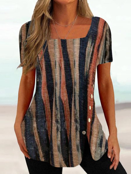 

Casual Striped Regular Fit Square Neck T-Shirt, Khaki, T-Shirts