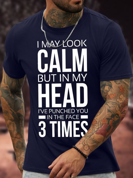 

Men's I May Look Calm But In My Head I've Punched You In The Face 3 Times Funny Graphic Printing Text Letters Crew Neck Casual Cotton T-Shirt, Purplish blue, T-shirts