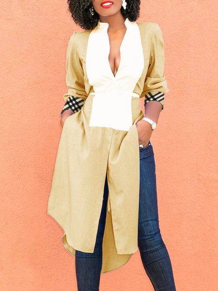 

Simple Color Block Regular Fit V Neck Blouse, Khaki, Blouses and Shirts