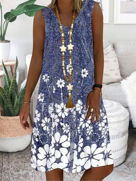 

Regular Fit Casual V Neck Floral Dress, Blue, Mini Dresses