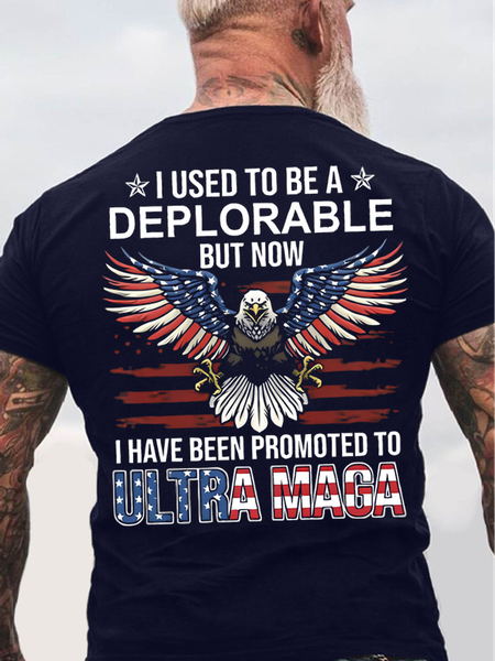 

I Useed To Be A Deplorable But Now I Have Been Promoted To Ultra Mage Eagle Old Glory America Flag Cotton Crew Neck Casual Loose T-Shirt, Purplish blue, T-shirts