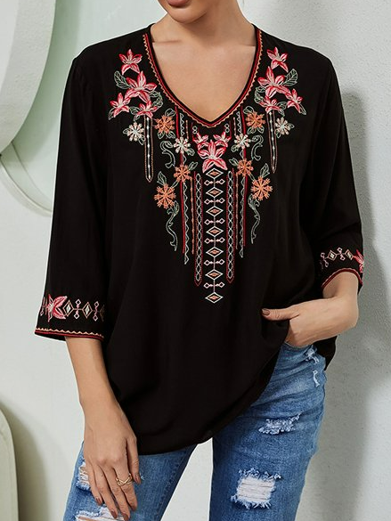 

Loose V Neck Ethnic Ethnic Shirt, Black, Shirts & Blouses