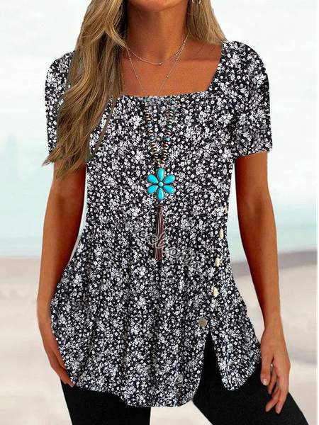 

Floral Square Neck Boho T-Shirt, Black-white, T-Shirts