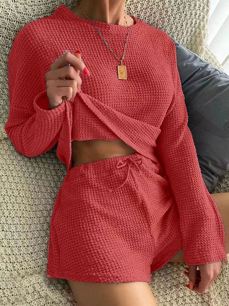 

Round Neck Long Sleeve Wide Leg Shorts Waffle Comfortable Two-Piece Homewear Pajamas Plus Size, Pink, Loungewear & Sleepwear