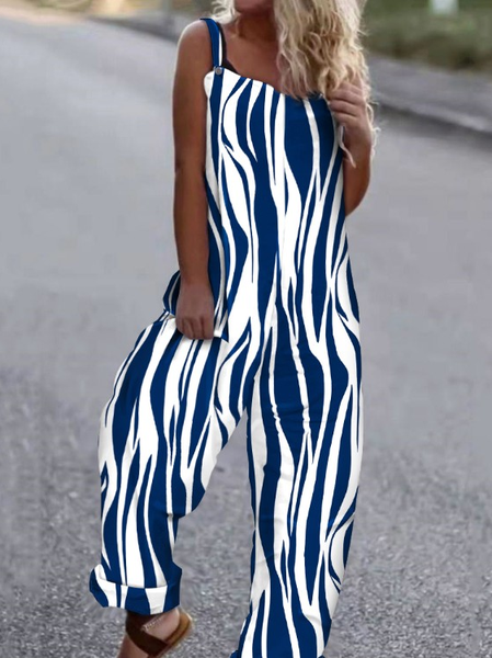 

Square Neck Geometric Casual Jumpsuit, Blue, Jumpsuits＆Rompers