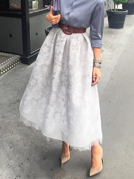 Plain Regular Fit Elegant Midi Skirt, Gray, Skirts