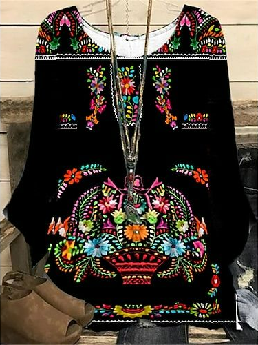 

Ethnic Ethnic Loose Crew Neck Shirt, Black, Shirts & Blouses