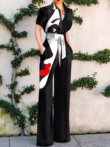 

Urban Regular Fit Face Print Shirt Collar Jumpsuit, Black, Jumpsuits