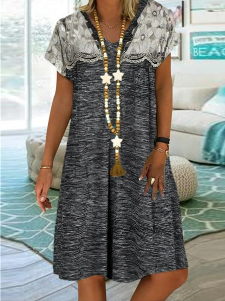 

V Neck Plain Loose Casual Dress, Gray, Dresses