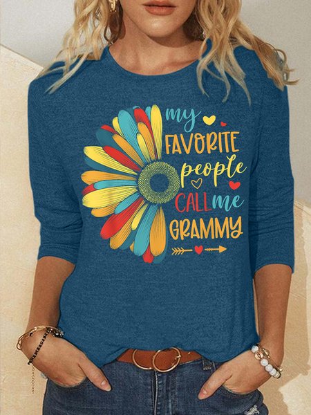 

Women's My Favorite People Call Me Grammy Funny Graphic Printing Regular Fit Casual Crew Neck Sunflower Shirt, Blue, Long sleeves