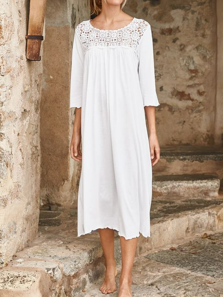 

Casual Crew Neck Plain Loose Dress, White, Midi Dresses