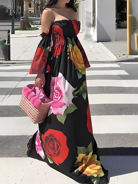

Vacation Regular Fit Floral Cold Shoulder Dress, Black, Maxi Dresses