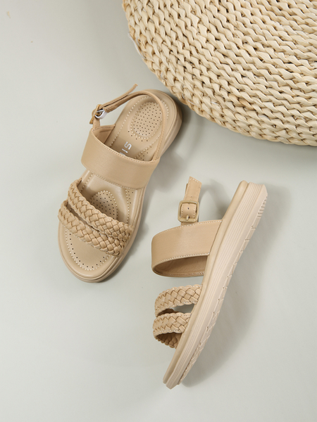 

Vintage Braided Strap Adjustable Buckle Slingback Sandals, Apricot, Sandals