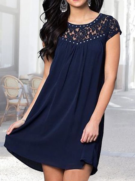 

Crew Neck Lace Plain Elegant Ruched Dress, Dark blue, Dresses